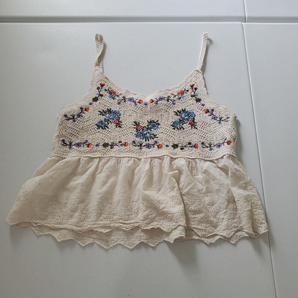 Altar'd State Shirt Womens Large Crochet Embroidered Peplum Tank Cami MCW9384